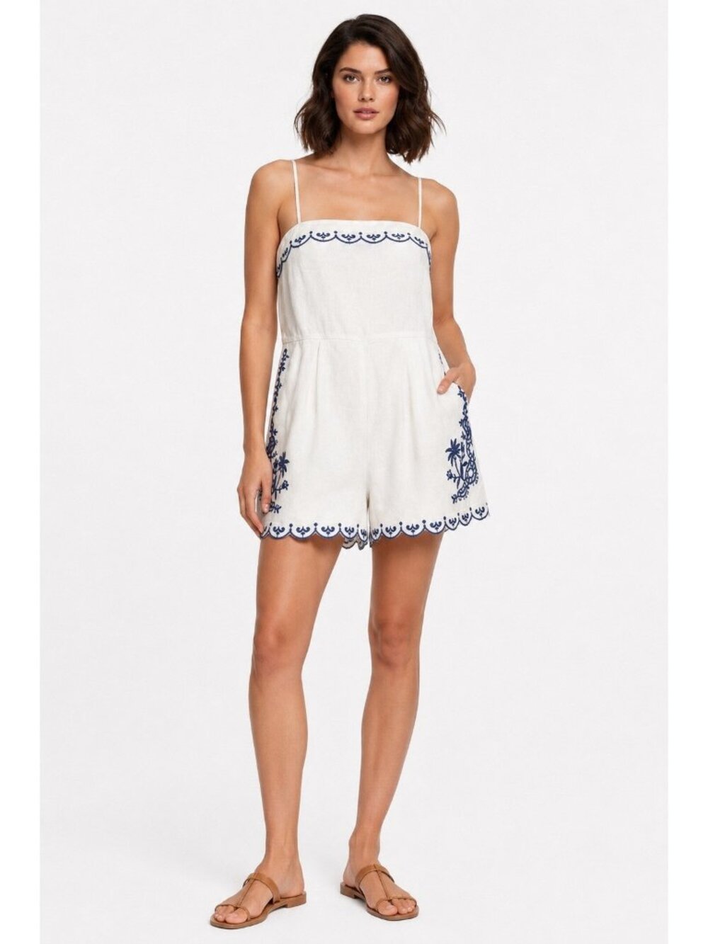 Carolina Constas Linen Embroidered Romper MEDIUM blue white resort cruise travel